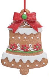 Clay Dough Gingerbread bell ornament, hand-painted with white icing, red flowers, and a red glittery bow.