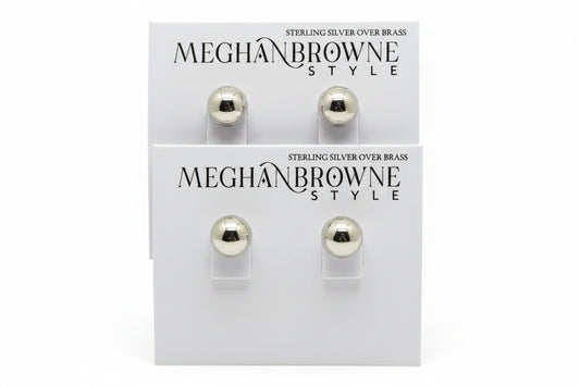 Zola Silver Earrings in a minimalist silver ball stud design, available in two sizes.