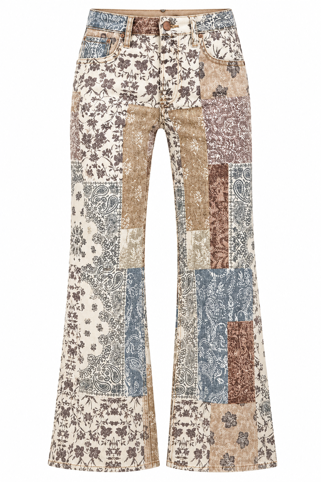 Risen high-rise patchwork ankle wide jeans in floral and paisley earth tones.