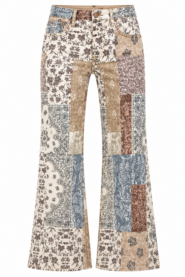 Risen high-rise patchwork ankle wide jeans in floral and paisley earth tones.