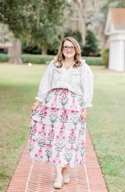 Rose d’Iris Ruffle Cascade Maxi Skirt with flowing ruffles, available in sizes XS–XL.