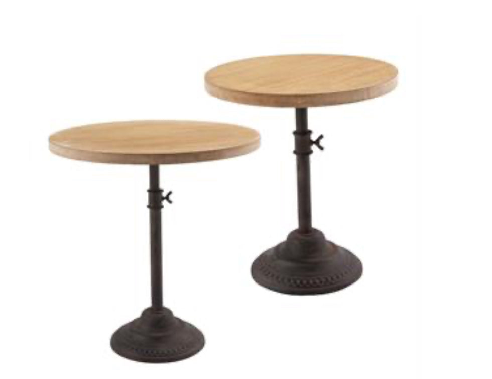 This product includes two adjustable servers featuring a light wooden surface and ornate, cast iron bases. They possess a robust design, offering both functionality and aesthetic appeal. Ideal for various uses, these servers are versatile additions to any setting. Size details: Available in two sizes - small and large.