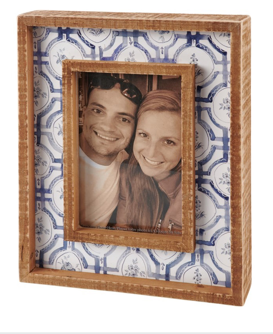 Blue Floral Inset Box Frame with natural wood, blue and white floral background; available in 4x6", 5x7", and 8x10" sizes.