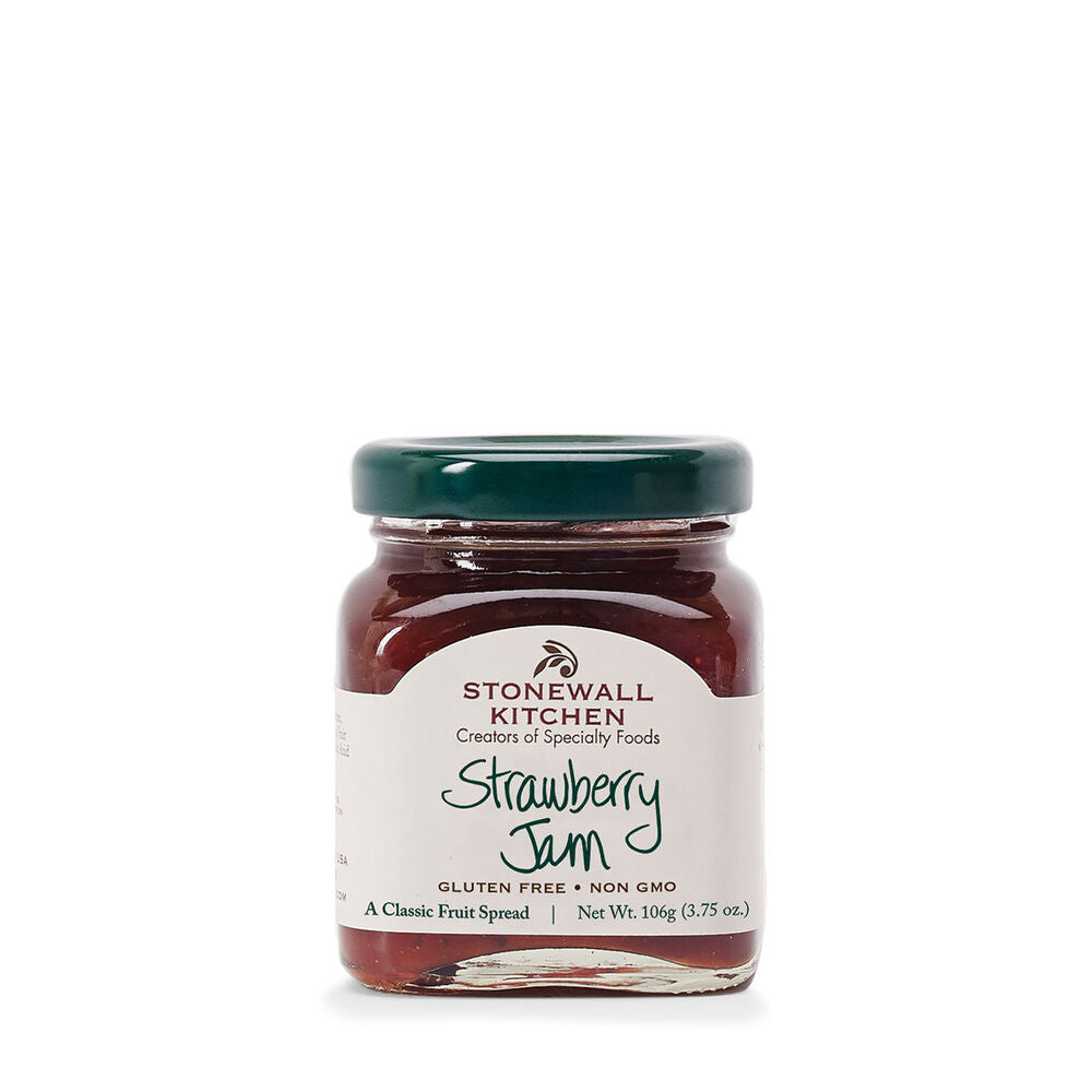 Stonewall Kitchen Mini Strawberry Jam, 3.75oz glass jar, green lid, labeled gluten free and non-GMO. Available in 3.75oz size.