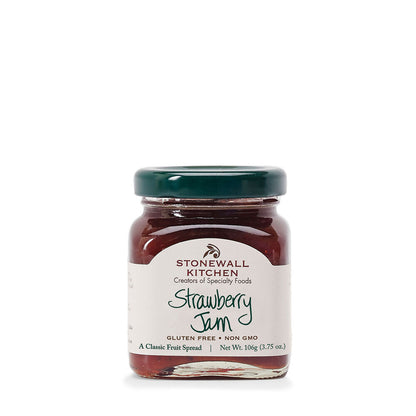 Stonewall Kitchen Mini Strawberry Jam, 3.75oz glass jar, green lid, labeled gluten free and non-GMO. Available in 3.75oz size.