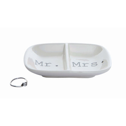 Mr. & Mrs. Ceramic 2 Section Dish, white ceramic ring holder with two compartments. Available in standard size only.