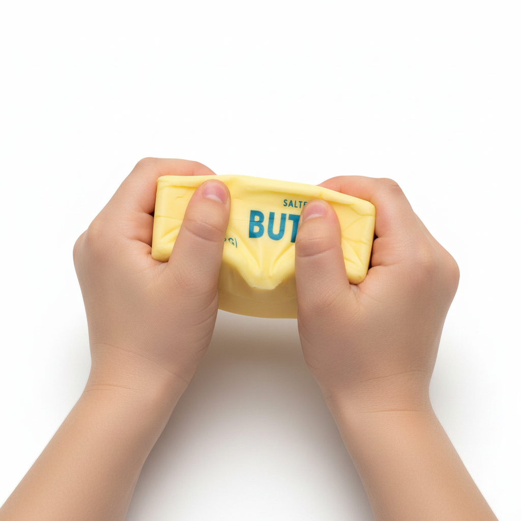 Butter Slow Rising Squishy Toy, shaped like a stick of butter and wrapped in yellow paper. Available in small, medium, and large sizes.