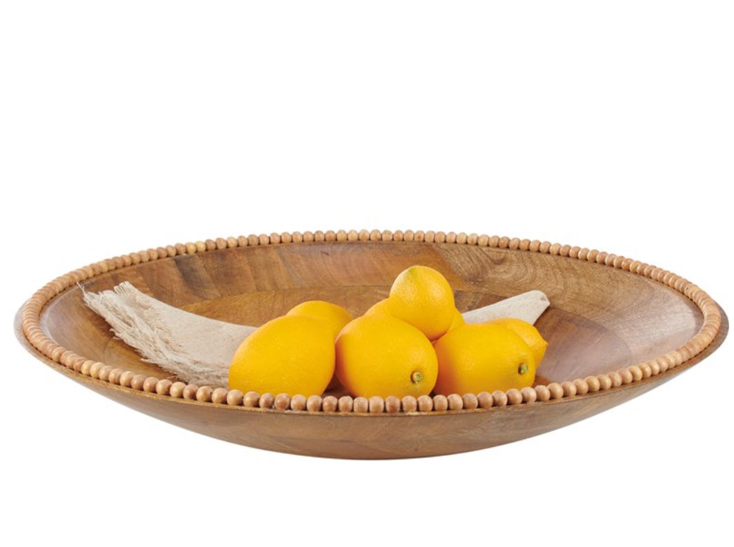 Round wooden serving bowl with beaded edge. Available in 8", 10", and 12" sizes.
