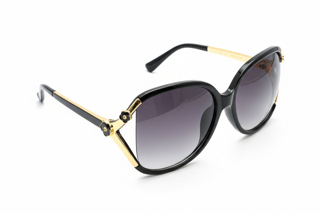 Black and gold oversized Flower Detail Sunglasses with dark gradient lenses, gold accents; available in S, M, L.