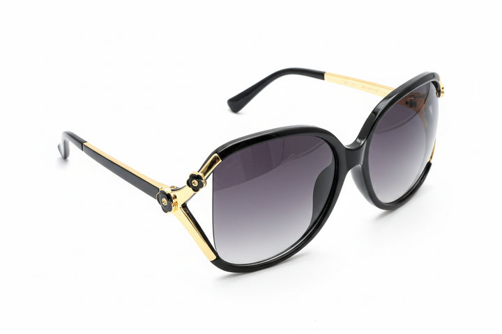 Black and gold oversized Flower Detail Sunglasses with dark gradient lenses, gold accents; available in S, M, L.