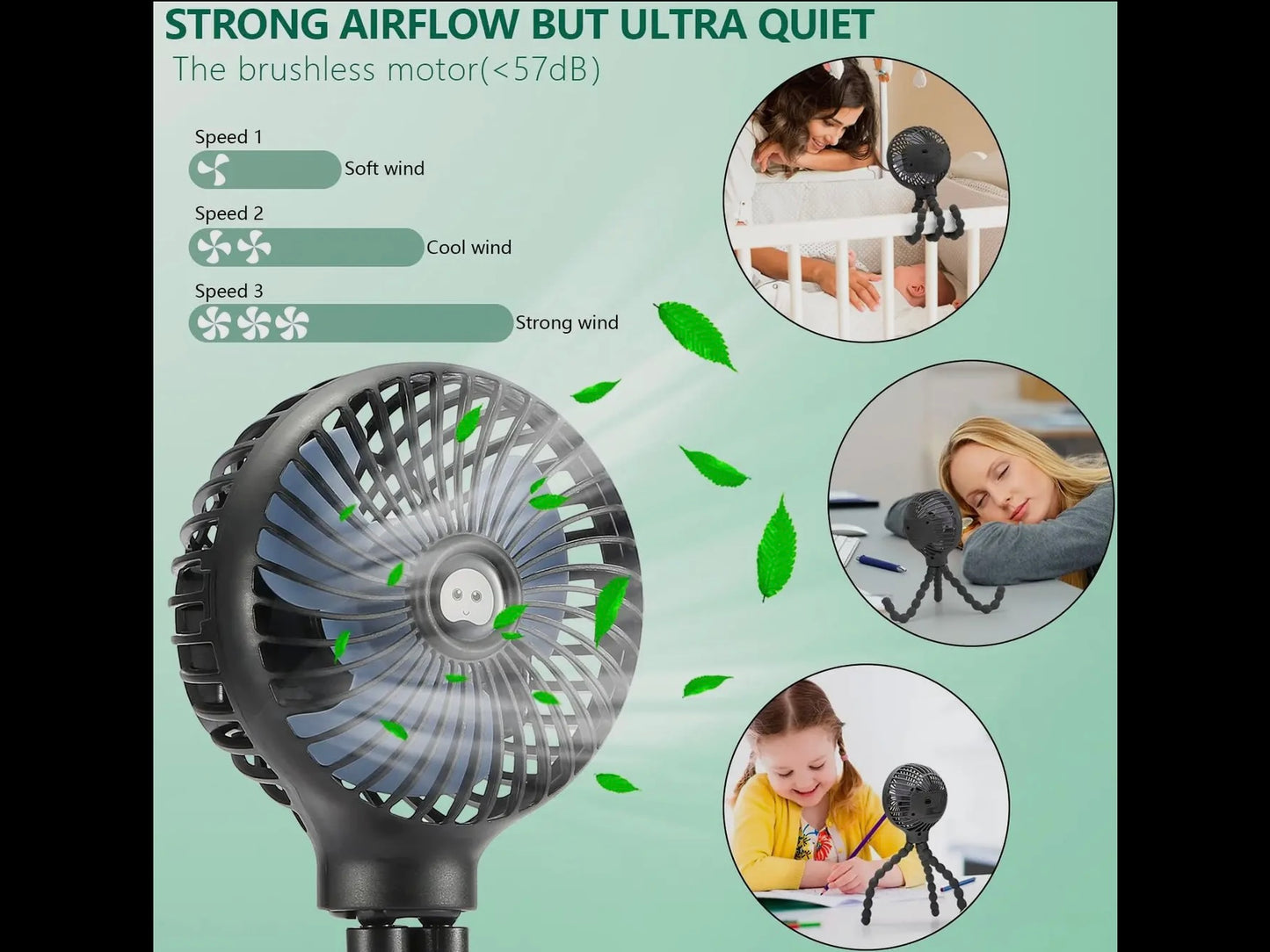Portable Tripod Fan with three speeds, strong airflow, quiet operation. Available in multiple sizes. Shown blowing green leaves.