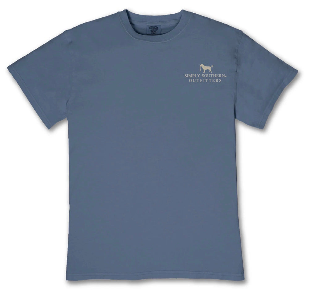 Blue short-sleeve t-shirt with small white logo and dog outline on the left chest, available in sizes S-XXL.