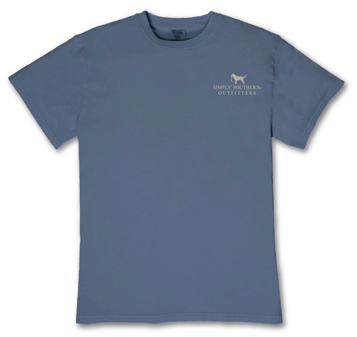 Blue short-sleeve t-shirt with small white logo and dog outline on the left chest, available in sizes S-XXL.