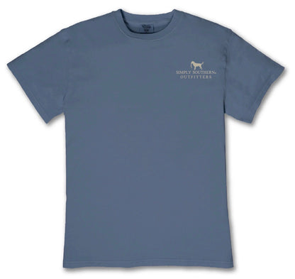 Blue short-sleeve t-shirt with small white logo and dog outline on the left chest, available in sizes S-XXL.
