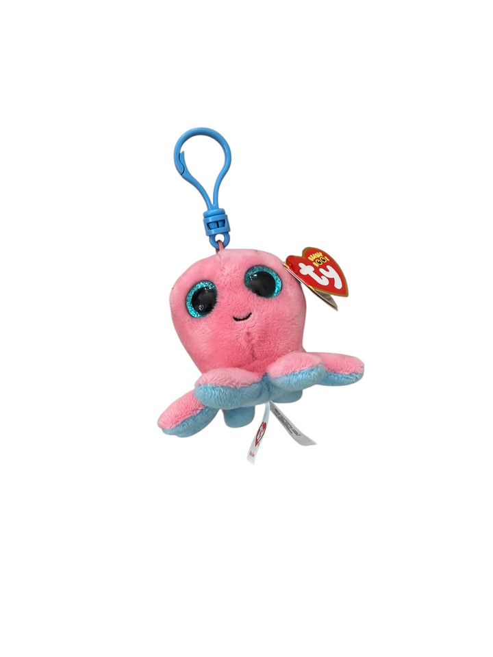 Small pink and blue octopus Ty Baby Keychain plush with sparkly eyes, blue clip, TY tag; available in one compact size.