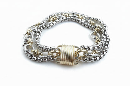 3 Chain Gold and Silver Magnetic Closure Bracelet with intertwined links, gold ribbed clasp. Available in S, M, L.