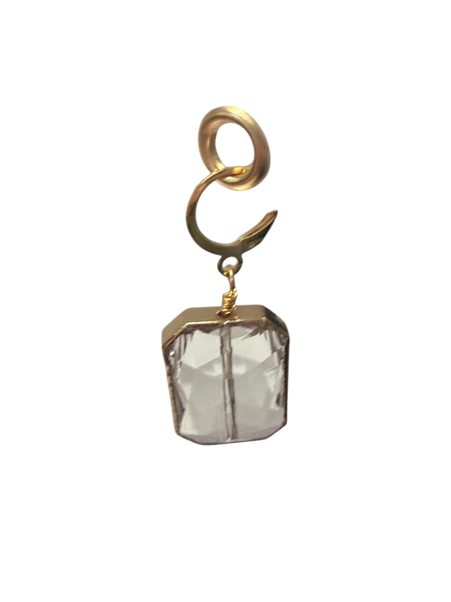 Gold earring with clear rectangular gemstone, swirl hook, and gold frame. Available sizes: small, medium, large.