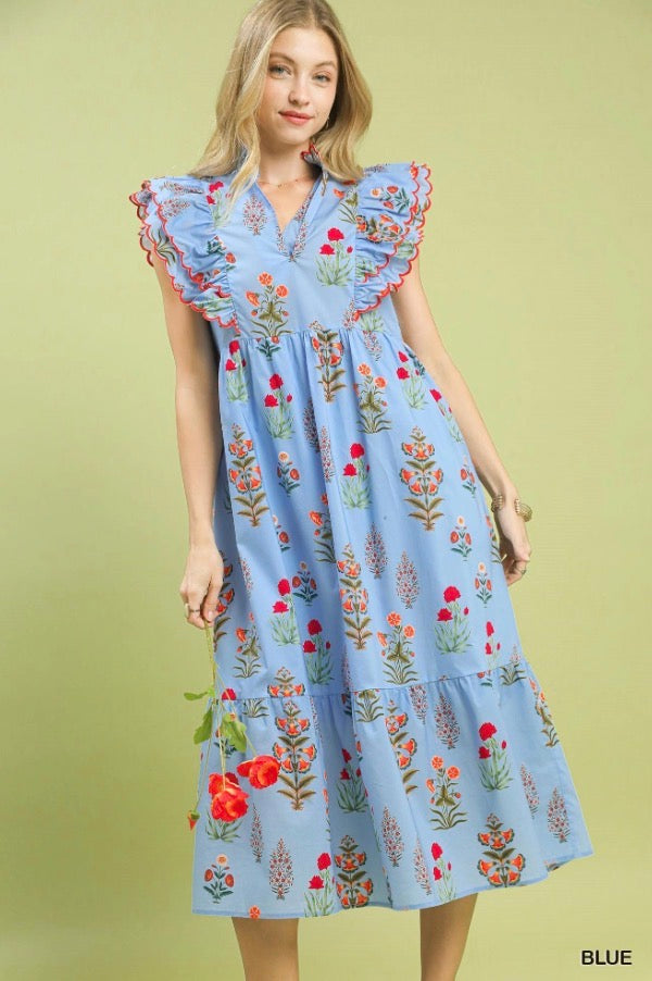 Block Floral Print Midi Dress with ruffled shoulders; available in sizes XS–XL.