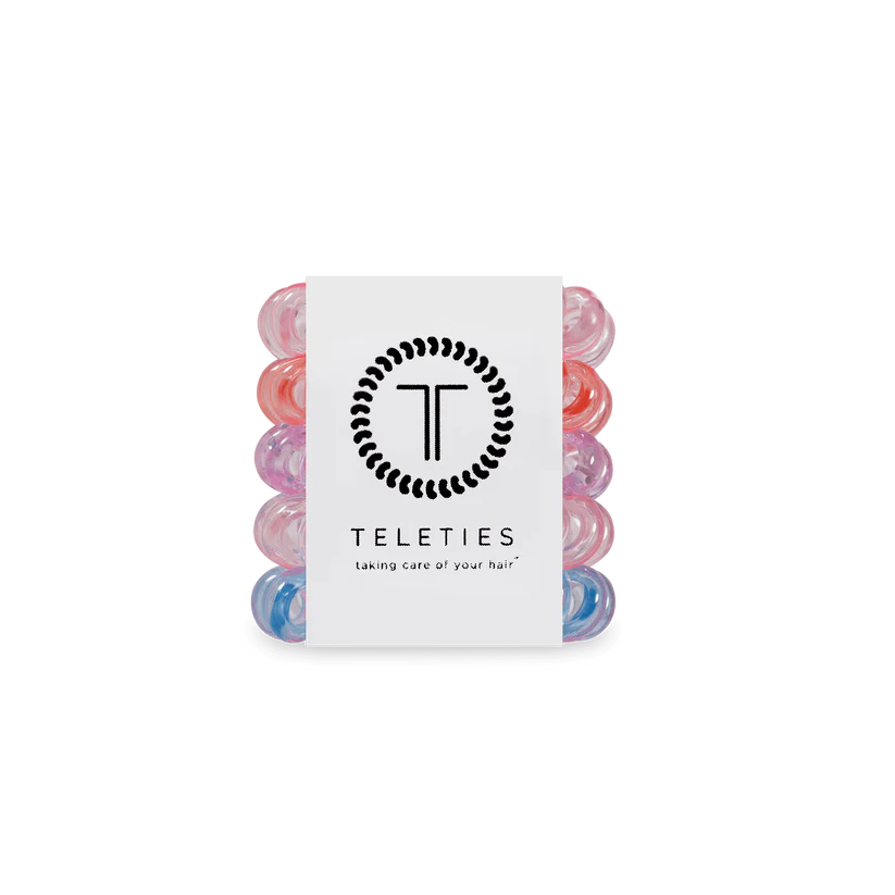 Pack of five colorful TELETIES Hair Ties with white logo labels; available in small, large, and tiny sizes.
