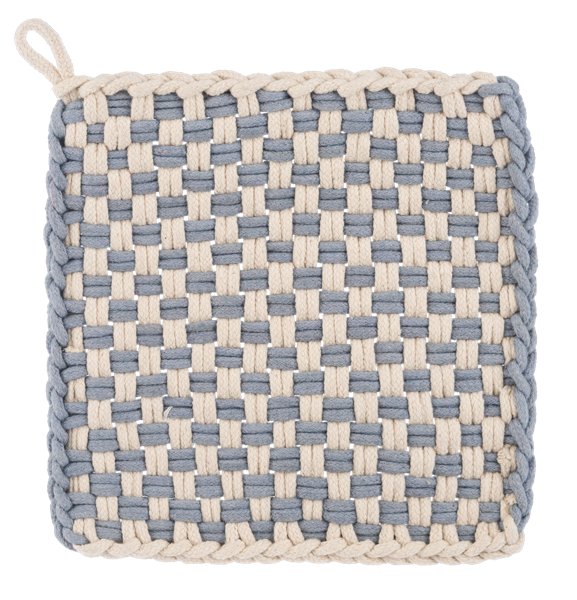 Cotton Crochet Check Pot Holder Set with square blue and beige checkerboard pattern, cotton loops, and a hanging loop in one corner. Sizes available.