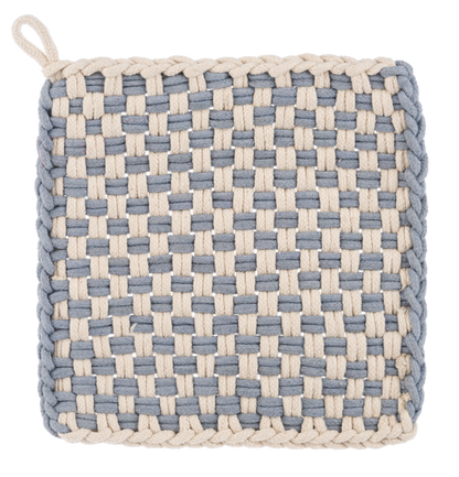 Cotton Crochet Check Pot Holder Set with square blue and beige checkerboard pattern, cotton loops, and a hanging loop in one corner. Sizes available.