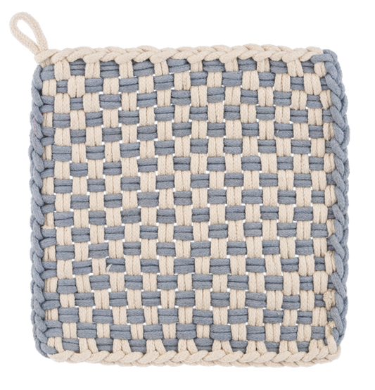 Cotton Crochet Check Pot Holder Set with square blue and beige checkerboard pattern, cotton loops, and a hanging loop in one corner. Sizes available.