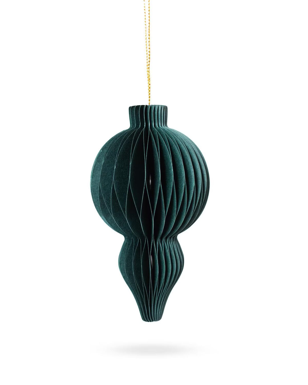 Harris Paper 4.5” Ornament, dark green tiered honeycomb paper decoration on a gold string.