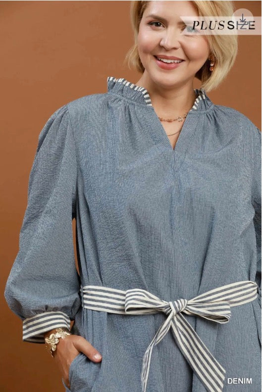 Denim Textured Contrast Trim Tie Waist Mini Dress with puffed sleeves and striped belt. Available in plus sizes.