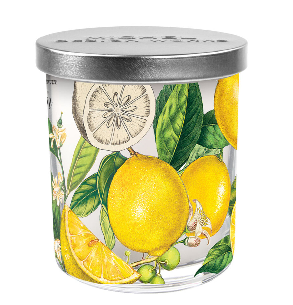 **Lemon Basil Candle Jar Lid**  
- Clear container with metallic lid
- Adorned with illustrated ripe lemons, lemon slices, and green leaves
- Yellow and green hues with fine textured lines 
- Premium soy blend candle inside
- Refreshing lemon scent

**Sizes Available:**  
7 oz, 14 oz