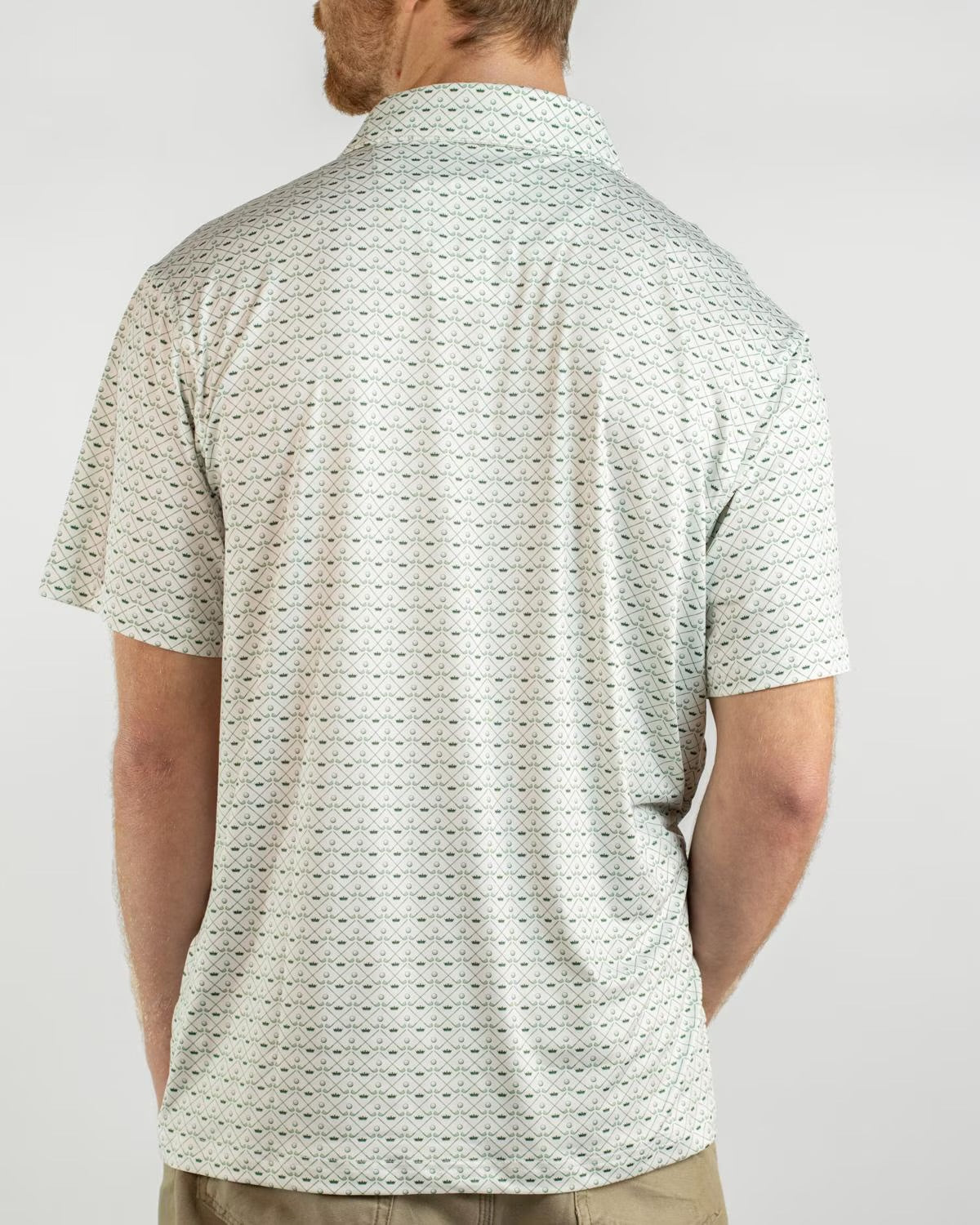 Men's Royal Golf Performance Polo with short sleeves and golf club pattern on white; available in sizes S-XXL.