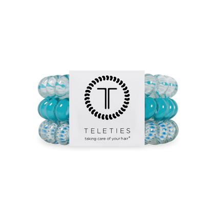 Three blue and clear TELETIES hair ties. Available in small and large sizes.