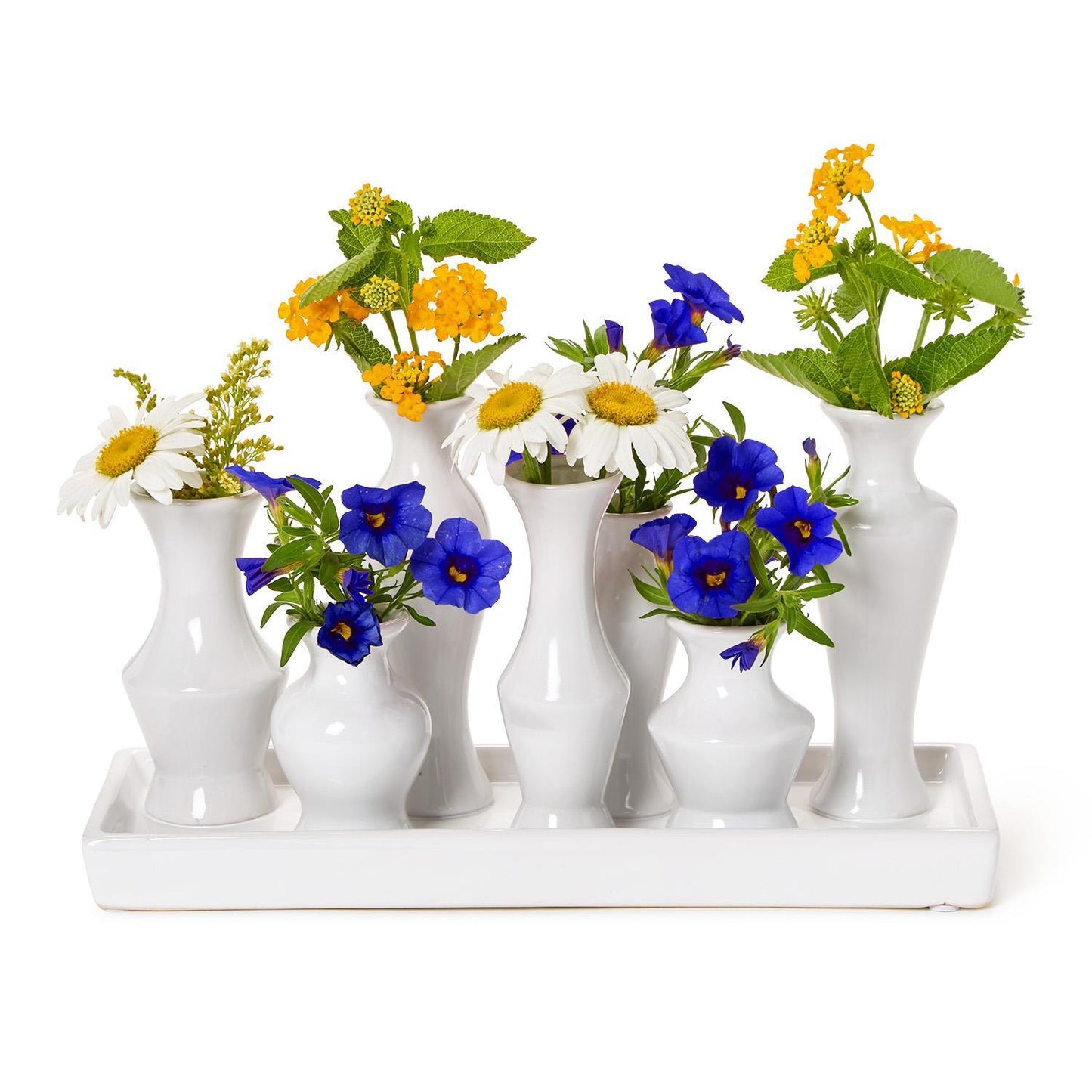 White Glaze Multi Vase with 7 Sections on Rectangular Platform