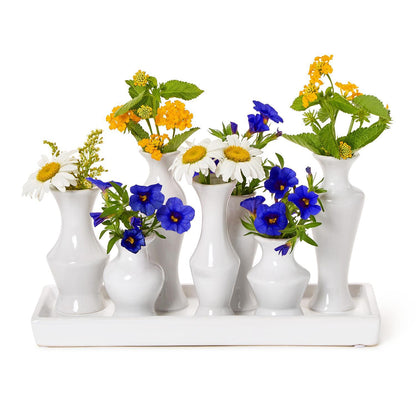 White Glaze Multi Vase with 7 Sections on Rectangular Platform