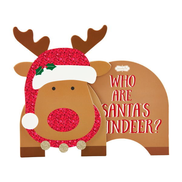 Santa & Reindeer Standing Book featuring a standing reindeer cutout with a red glittery Santa hat and the text “Who are Santa’s reindeer?”.