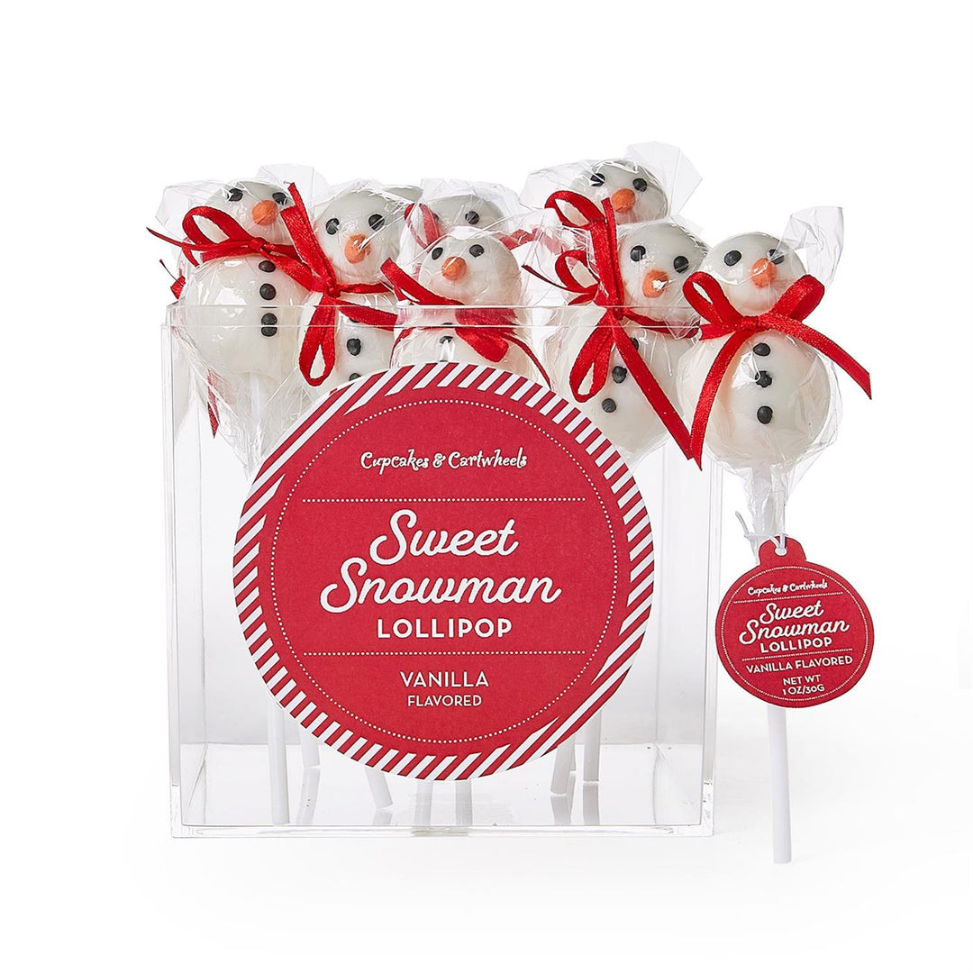 Clear box of snowman lollipops in plastic with red bows and round tags.