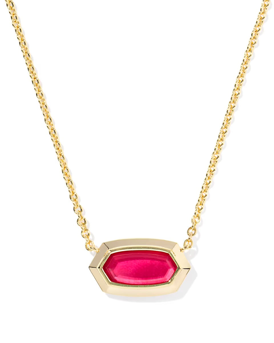 Elisa Bezel Pendant Gold Necklace in Carmine Red Illusion by Kendra Scott, hexagon pink gemstone set in gold. Sizes: 15-17".