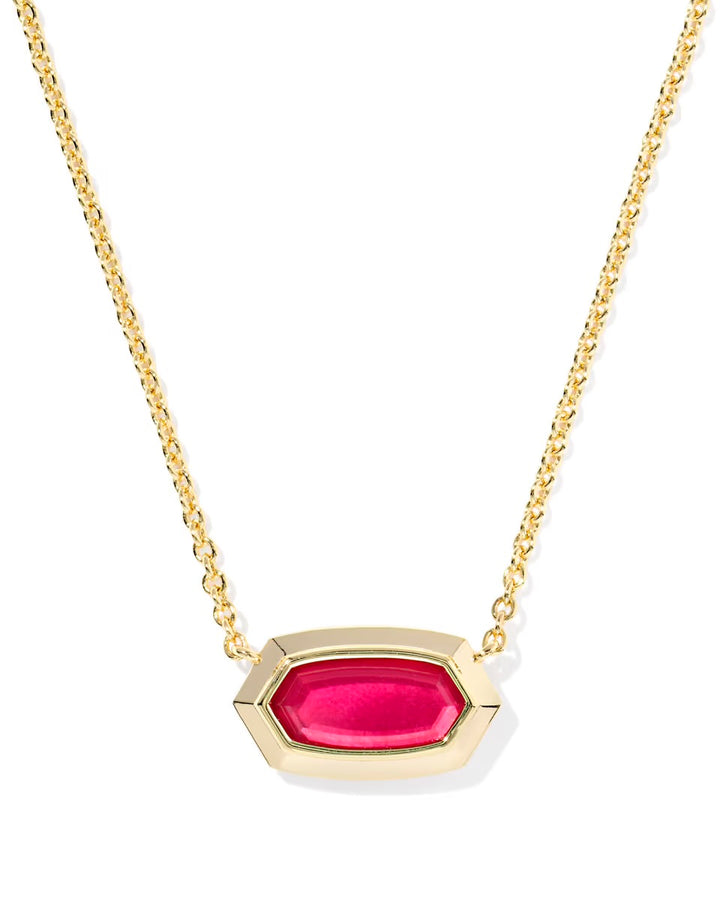 Elisa Bezel Pendant Gold Necklace in Carmine Red Illusion by Kendra Scott, hexagon pink gemstone set in gold. Sizes: 15-17".