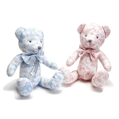 Stuffed teddy bear with Animal Toile pattern, blue or pink, bow tie, movable limbs. Sizes: small, medium, large.
