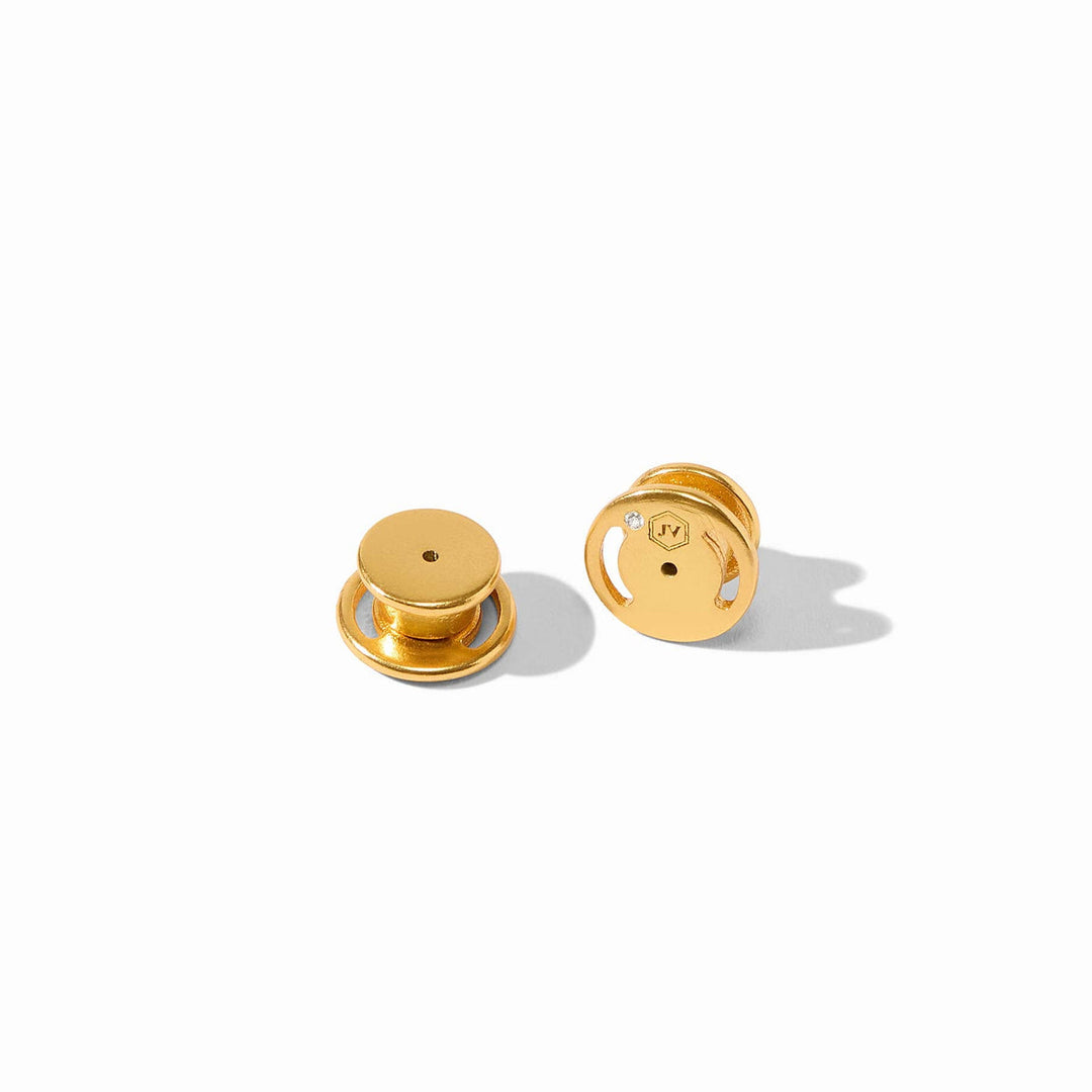 Two gold Ravello Hoop &amp; Charm earring backings shown from top and side views.