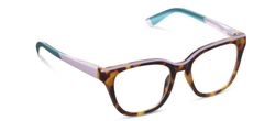 Rectangular blue light glasses with tortoiseshell frames, light purple arms, teal tips, and anti-reflective coating. Sizes: S/M/L.
