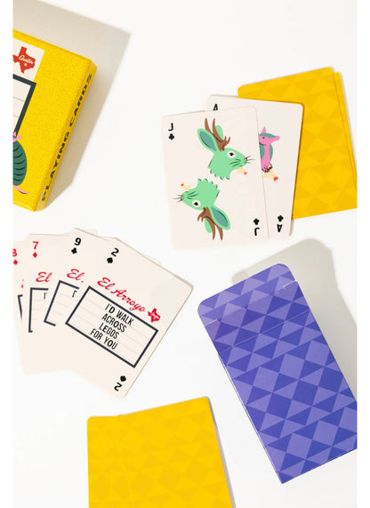 El Arroyo Playing Cards: yellow and purple decks with marquee signs, animal illustrations. Sizes: standard playing card size.