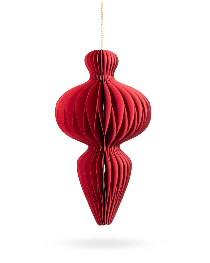 Evan’s Paper 6” Ornament: dark red paper honeycomb teardrop-shaped decoration.
