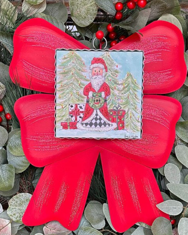 Mini Gallery Art Elegant Santa square ornament featuring festive artwork of Santa Claus holding a wreath, surrounded by gifts and Christmas trees.