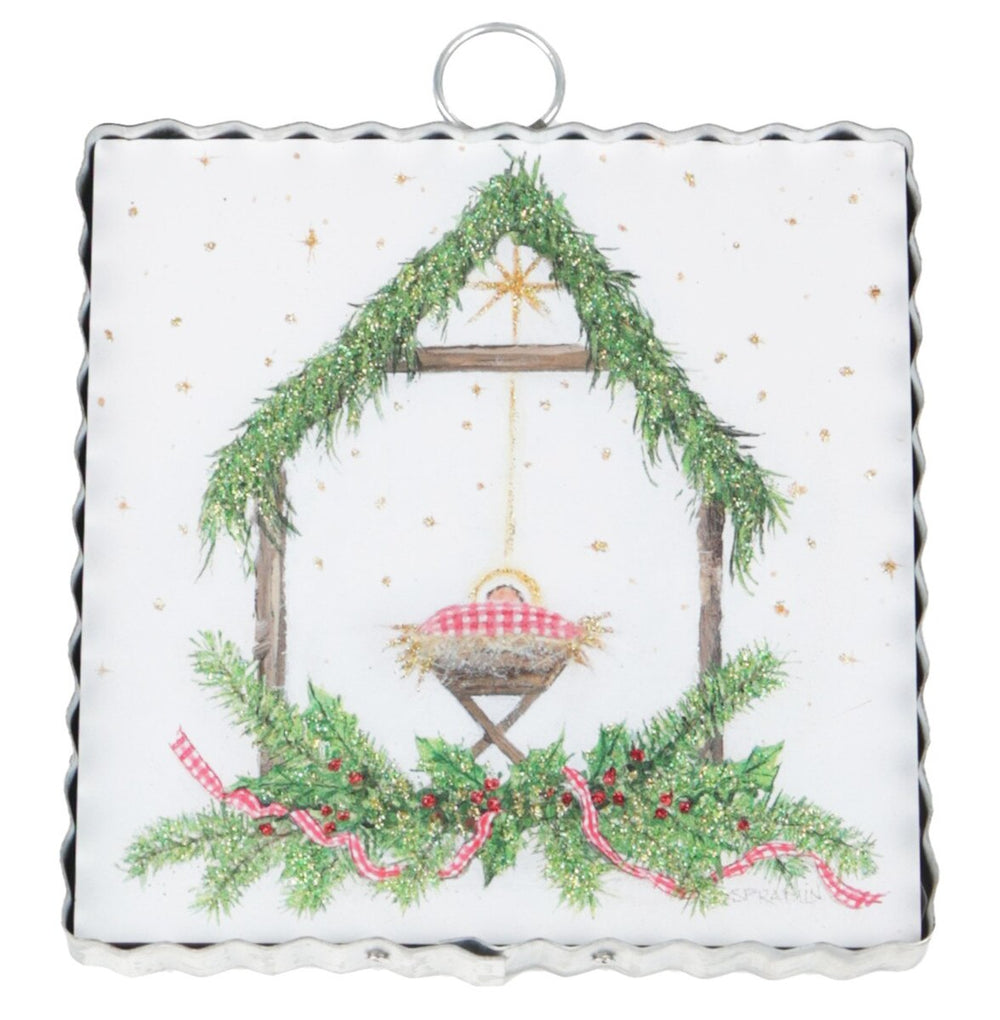 Mini Gallery Art Gingham King square metal ornament featuring a watercolor Nativity.
