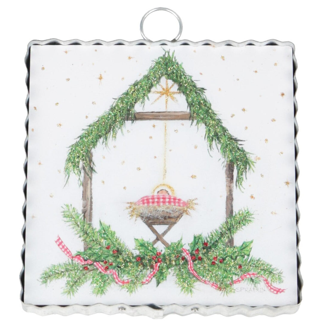 Mini Gallery Art Gingham King square metal ornament featuring a watercolor Nativity.