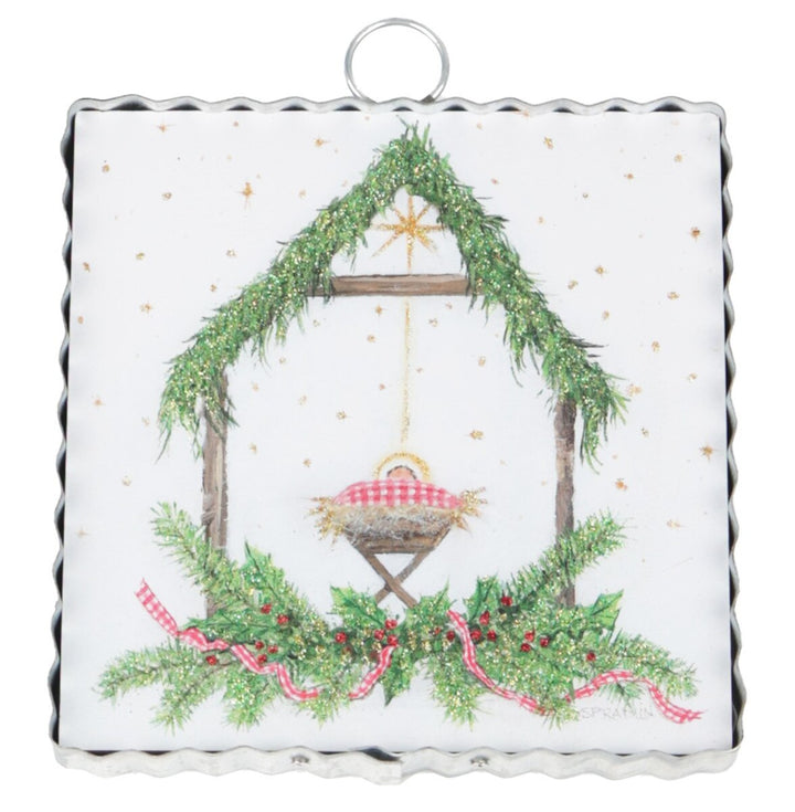 Mini Gallery Art Gingham King square metal ornament featuring a watercolor Nativity.