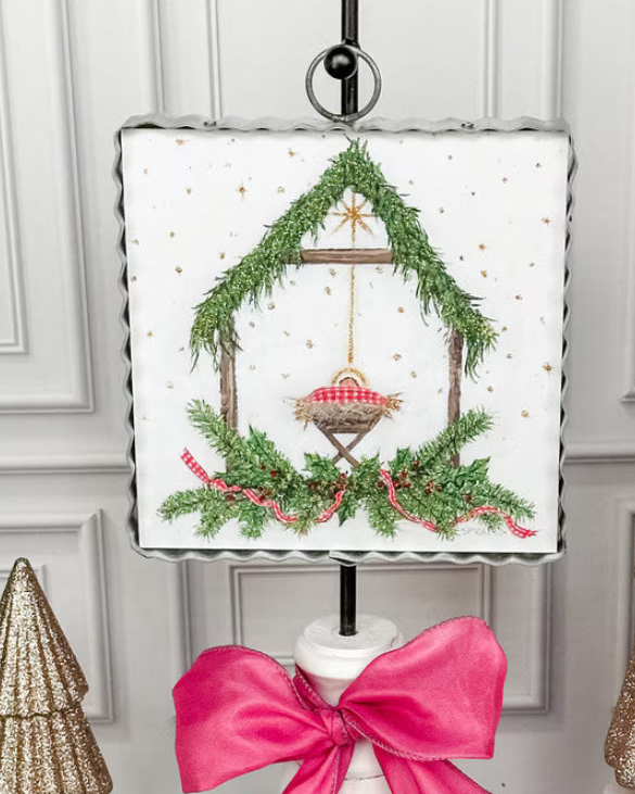 Mini Gallery Art Gingham King square wall hanging featuring a Nativity scene inside a greenery arch. Available in sizes for Gingham King.