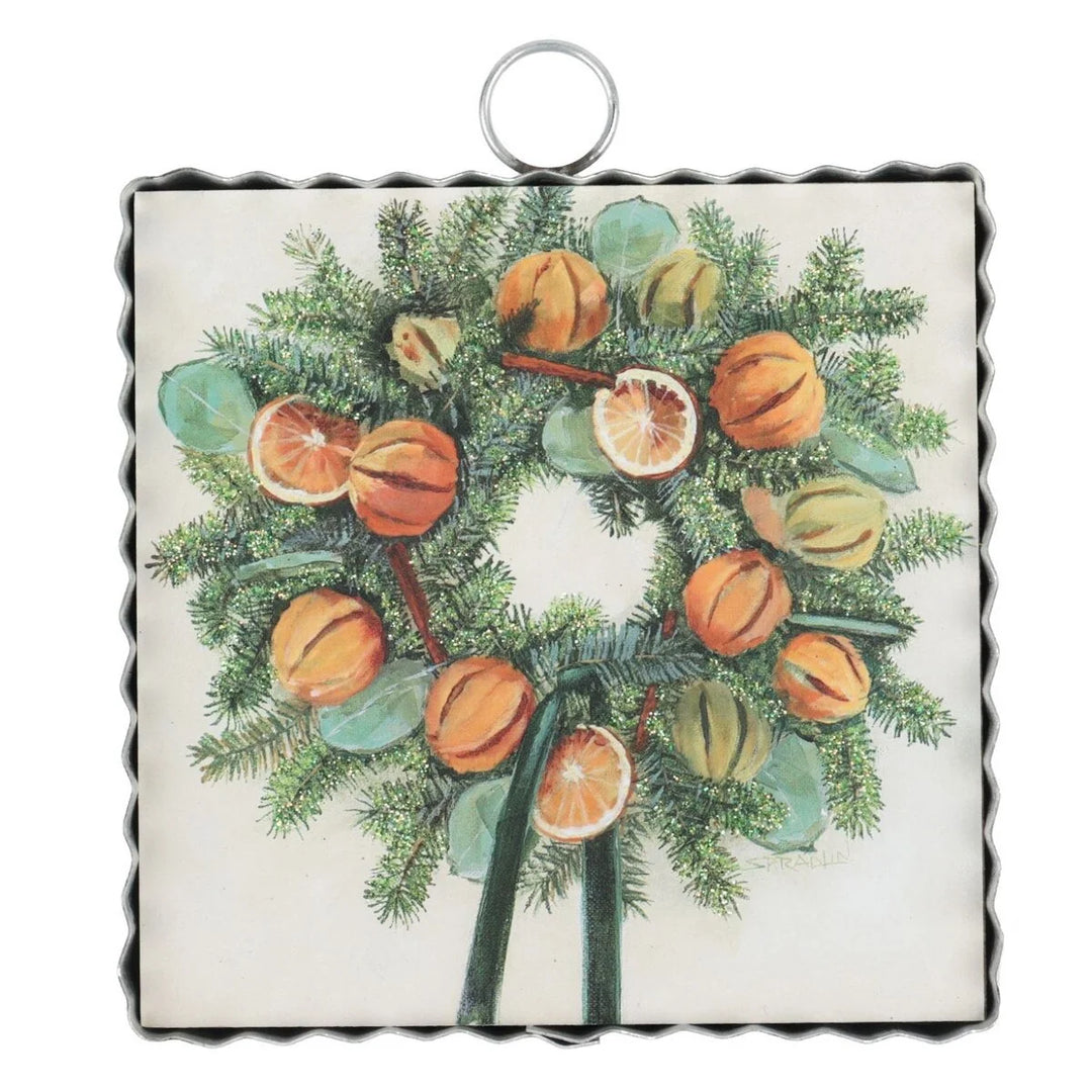 Mini Gallery Art Orange Slice Wreath square wall hanging with painted orange slice and leaf illustration, silver scalloped edge, and top hanging ring from The Round Top Collection.