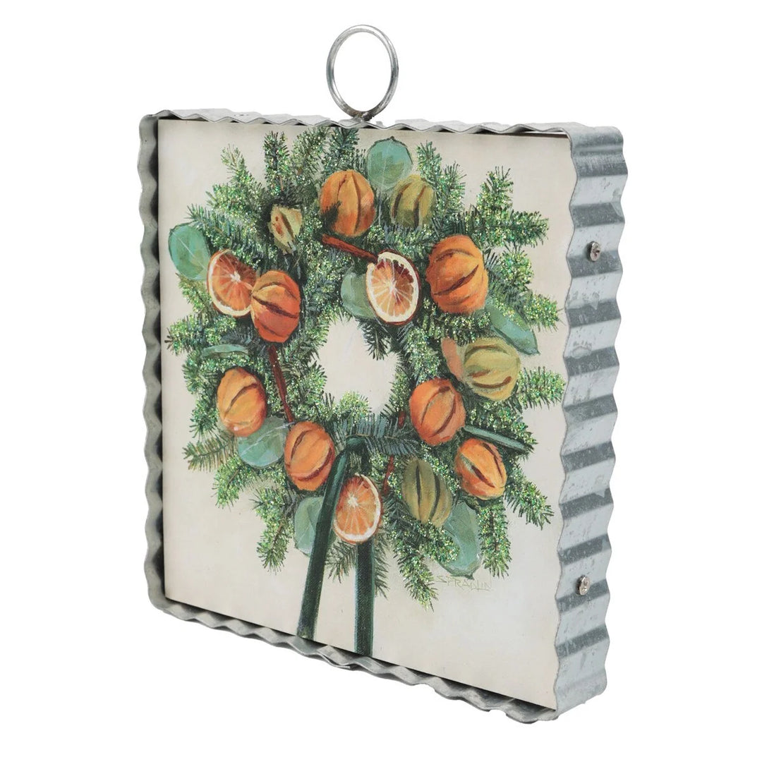 Mini Gallery Art Orange Slice Wreath square wall art with citrus wreath illustration, pine branches, orange slices, and corrugated galvanized metal border with hanging loop.