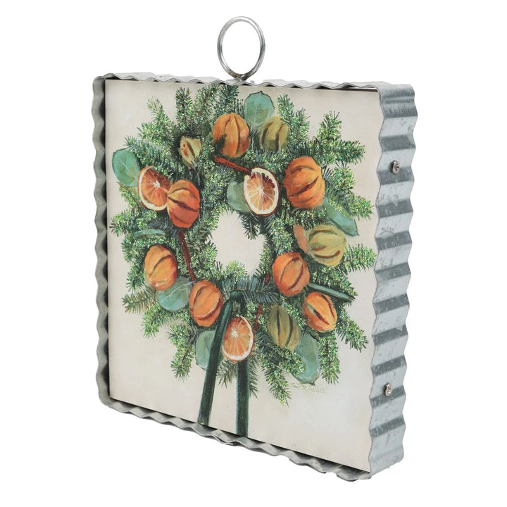 Mini Gallery Art Orange Slice Wreath square wall art with citrus wreath illustration, pine branches, orange slices, and corrugated galvanized metal border with hanging loop.